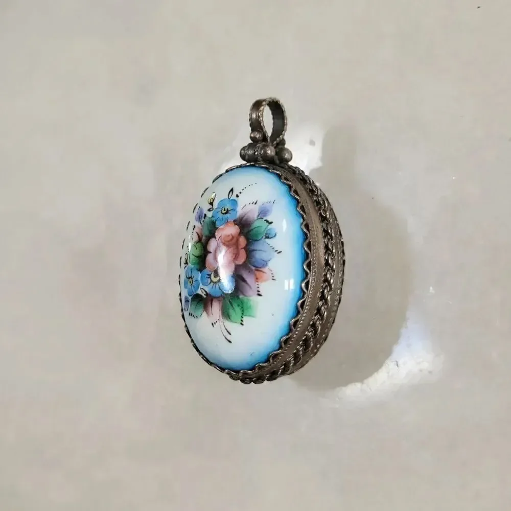 Vintage Russian Finfit Enamel Porcelain Hand Painted Flower Pendant Locket